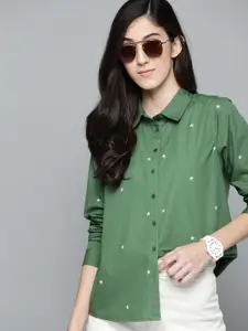 Harvard Women Green & White Cotton Star Print Casual Shirt