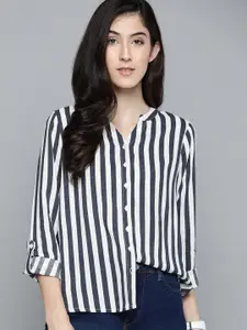 Harvard Women White and Navy Blue Striped Casual Shirt
