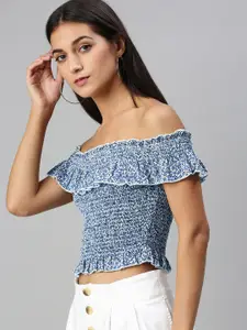 KASSUALLY Calm Blue and White Floral Print Smocked Crop Top