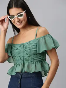 KASSUALLY Appealing Sea Green Solid Ruched Crop Top