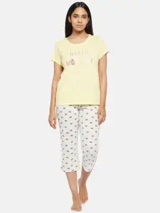 Dreamz by Pantaloons Women Yellow & Off-White Printed Night suit