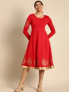 Anouk Red Floral Fit & Flare Knitted Dress