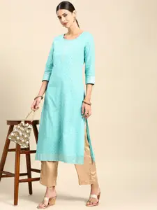 Anouk Women Blue & Silver Gotta Patti Detail Dobby Weave Cotton Straight Kurta