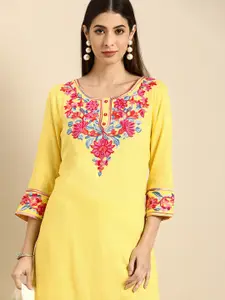 Anouk Women Yellow Ethnic Motifs Yoke Design Thread Work Kurta