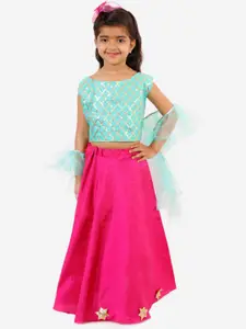Chipbeys Girls Pink & Blue Embellished Ready to Wear Lehenga & Blouse with Dupatta