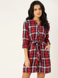 Flying Machine Red & Navy Blue Checked Pure Cotton Midi Shirt Dress