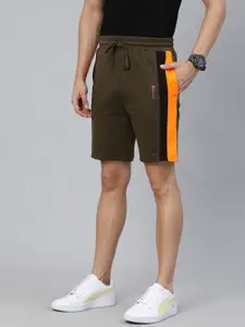The Indian Garage Co Men Olive Green Mid-Rise Regular Shorts With Contrast Side Stripes