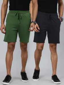 The Indian Garage Co Men Pack Of 2 Navy Blue & Green Solid  Mid-Rise Regular Shorts
