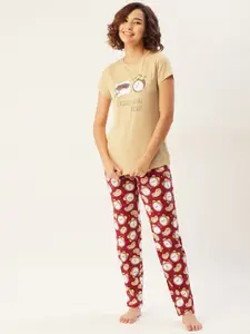 Sweet Dreams Women Beige & Red Pure Cotton Graphic Print Night suit