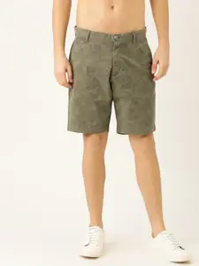 Flying Machine Men Olive Green Abstract Printed Mid-Rise Regular Shorts