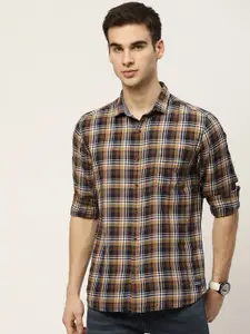 Flying Machine Men Brown & White Slim Fit Checked Casual Shirt