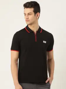 Flying Machine Men Black Solid Pure Cotton Polo Collar Pure Cotton T-shirt