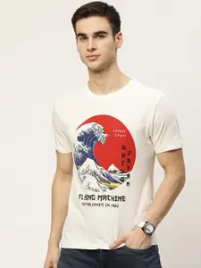 Flying Machine Men White & Red Cotton Printed Round Neck T-shirt