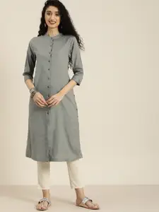 Taavi Women Grey & Black Wild Tribe Printed   Kurta With Button Detail