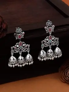 Rubans Off-White & Red Silver-Plated Handcrafted & Oxidised Beaded Dome Shaped Jhumkas