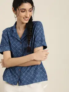 Taavi Taavi Women Navy Blue Indigo Print Pure Cotton Lounge Top