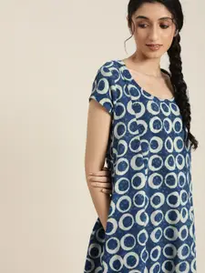 Taavi Navy Blue & Off White Indigo Hand Block Print Sustainable Nightdress with Pocket