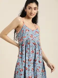 Taavi Taavi Blue & Maroon Sanganeri Hand Block Print Pure Cotton Nightdress