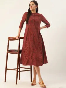 Taavi Women Red & Black Ajrakh Hand Block Print Cotton Sustainable A-Line Dress