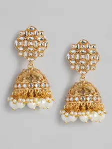justpeachy White Gold-Plated Stone Studded Dome Shaped Jhumkas