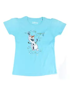 Frozen Girls Blue Printed Olaf Round Neck Cotton T-shirt
