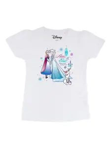 Frozen Girls White Elsa & Anna Printed Round Neck Cotton T-shirt