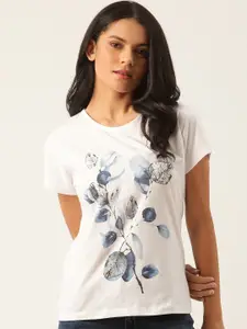 Moda Rapido Women White & Blue Floral Printed T-shirt