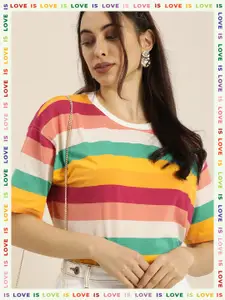 Moda Rapido Women Oversized Multicoloured Candy Stripes Drop-Shoulder Sleeves T-shirt