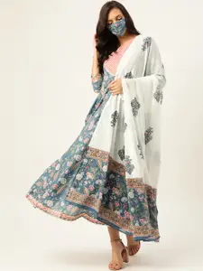 Maaesa Blue & White Printed Pure Cotton Ethnic Maxi Dress With Matching Dupatta