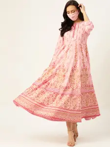 Maaesa Pink & Golden Printed Gotta Patti Detail Pure Cotton Ethnic Maxi Dress
