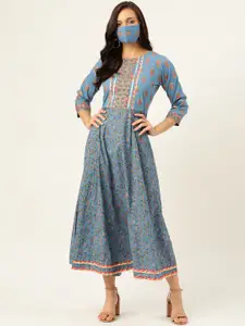 Maaesa Blue & Orange Ethnic Motifs Formal Maxi Dress