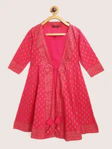 Sangria Girls Magenta Pink & Golden Ethnic Motifs Print Layered Maxi Dress