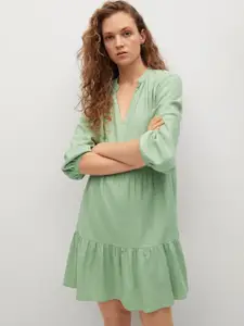 MANGO Women Pastel Green Solid Linen Blend A-Line Dress