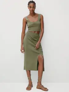 MANGO Olive Green Ruched Front Slit Straight Skirt