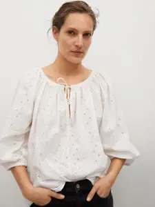 MANGO White Geometric Schiffli Embroidered Pure Cotton Sustainable Tie-Up Neck A-Line Top