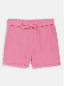 Blue Giraffe Girls Pink Solid Regular Fit Linen Shorts