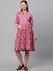 MomToBe Women Pink Printed A-Line Maternity Nursing Sustainable Dress