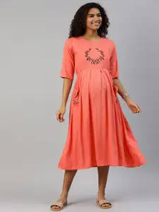 MomToBe Women Peach-Coloured Embroidered Maternity Nursing Sustainable Dress
