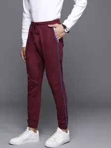 Allen Solly Sport Men Burgundy Pure Cotton Side Taping Solid Joggers