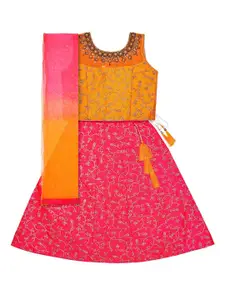 Wish Karo Girls Yellow & Pink Embroidered Ready to Wear Lehenga & Blouse with Dupatta