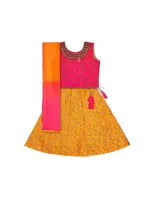 Wish Karo Girls Pink & Yellow Embroidered Ready to Wear Lehenga & Blouse with Dupatta