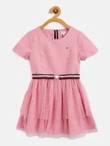 Tommy Hilfiger Girls Pink Layered Dobby Net Fit & Flare Dress with Belt