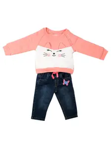 MeeMee Girls Pink & Blue Colourblocked Cotton T-shirt with Trousers