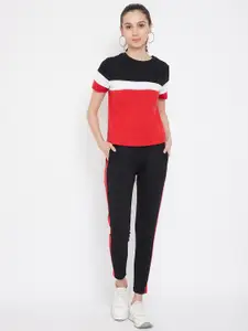 GRITSTONES Women Black & Red Colourblocked T-shirt with Trousers