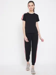 GRITSTONES Women Black & White Solid T-shirt with Trousers