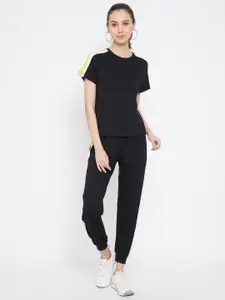 GRITSTONES Women Black & Lime Green Colourblocked T-shirt with Track Pants