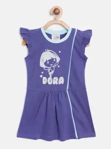 toothless Girls Blue Dora Print Cotton Fit & Flare Dress
