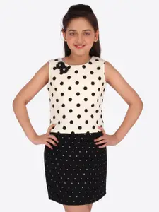 CUTECUMBER Girls Black & White Polka Dot Printed Top with Skirt