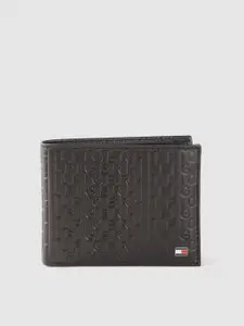 Tommy Hilfiger Men Black Typography Textured Leather Two Fold Wallet