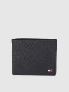 Tommy Hilfiger Men Navy Blue Typography Textured Leather Two Fold Wallet